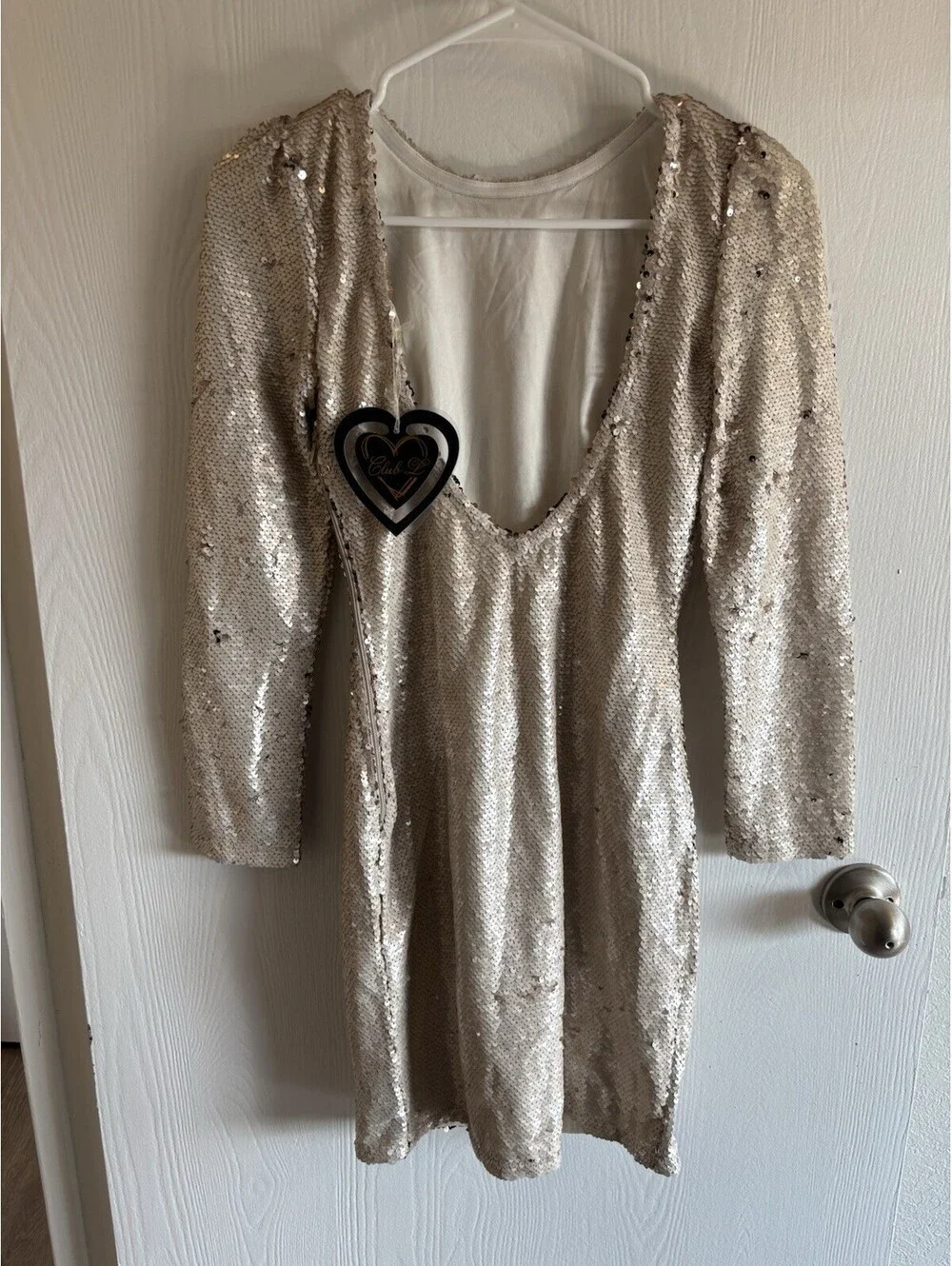 Club L London Cream Gold Sequin Long Sleeve Mini Dress Open Back Bodycon Size 6